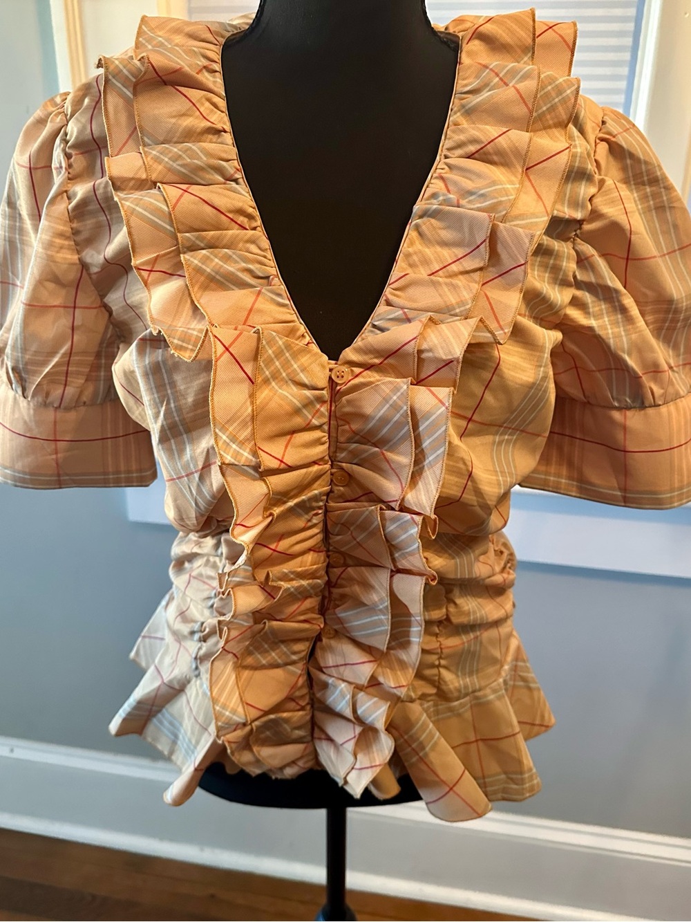 Kenar Mustard Plaid Ruffled Button-Down Top